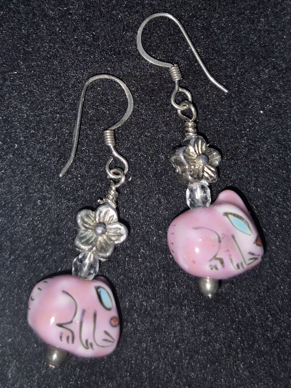 Pink Cat Drop Earrings with Silver Floral Accents - Picture 4 of 5